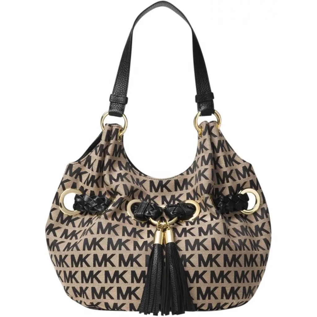 Michael Kors Signature Monogram Tasseled Large Tote Bag Canvas With Leather Trim